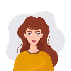 Portrait of a young beautiful woman with long hair isolated on a white background. Avatar for social networks in flat vector style.