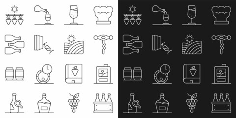 Set line Bottles of wine in box, Cardboard, Wine corkscrew, glass, tasting, degustation, Drying grapes and Vineyard icon. Vector