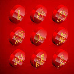 Set line Meteorology thermometer, Wine tasting, degustation, Sun and cloud weather, Chef hat, italian fiasco bottle, Bottle of wine and icon. Vector