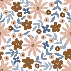 Hand drawn botanical seamless pattern with flat flowers and branches. Modern summer repeatable background for wrapping paper and fabric. Blooming flowers, plants, leaves. Colored vector illustration