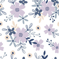 Fototapeta premium Flowers seamless pattern. Charming floral background with botanical elements. Endless botanical texture for wrapping paper and decorative design. Colored spring vector illustration