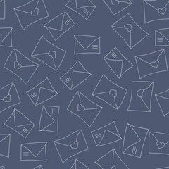 Vector. Cute seamless pattern of love with envelopes, mail, on a blue background. Doodle illustration in cartoon style. Valentine's Day design for print and textile, wallpaper, wrapping paper.