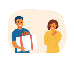 Fototapeta premium Young man gives a gift to a young woman. Vector flat style illustration