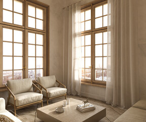 Modern interior japandi style design livingroom. Lighting and sunny apartment with large windows and view cityscape. 3d render illustration.