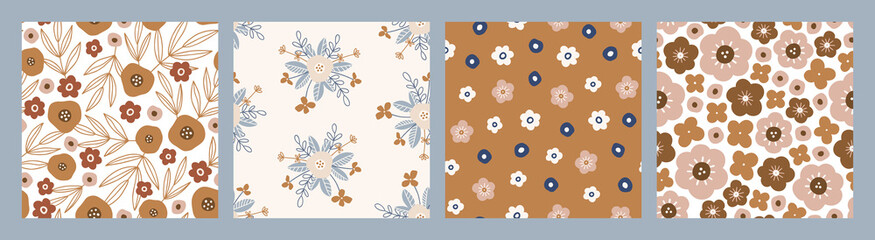 Collection of floral seamless patterns in flat style with blooming flowers. Hand drawn endless summer background for textile and wallpaper. Colored botanical illustration, contemporary backdrop © simpleblues