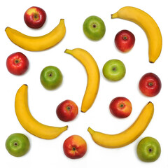 Set of fruits:green and red apples and bananas isolated on a white background.Flat lay top view
