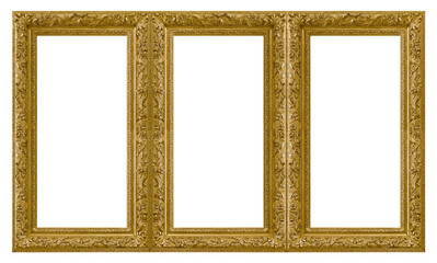 Triple golden frame (triptych) for paintings, mirrors or photos isolated on white background