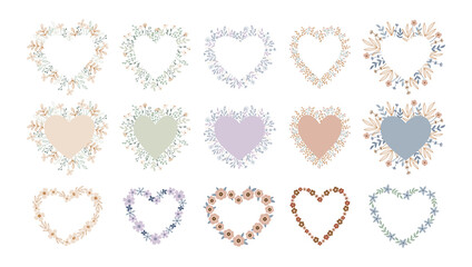 Hand drawn collection of floral hearts isolated on white. Vector flower frames for Valentines Day, Mothers Day, prints and cards. Blooming botanical illustration. Vector arrangement in flat style