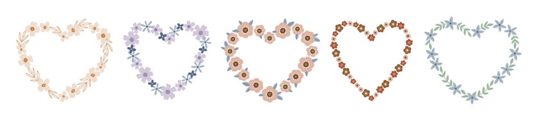 Hand drawn collection of floral hearts isolated on white. Vector flower frames for Valentines Day, Mothers Day, prints and cards. Blooming botanical illustration. Vector arrangement in flat style