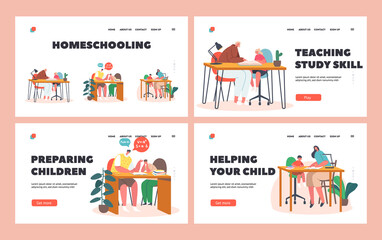 Children Education Landing Page Template Set. Parents and Children Make Lessons Together. Happy Family Prepare Classes