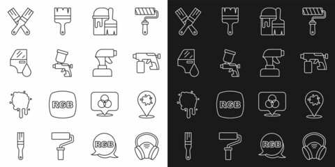 Set line Gas mask, Paint spray, gun, bucket with brush, Car painting, and icon. Vector