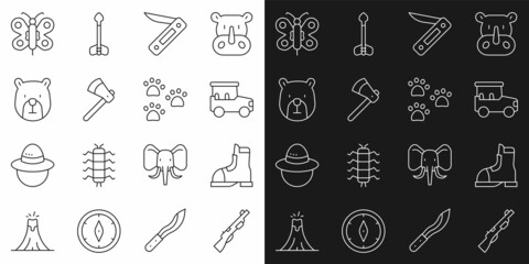 Set line Hunting gun, Hunter boots, Safari car, Swiss army knife, Wooden axe, Bear head, Butterfly and Paw print icon. Vector
