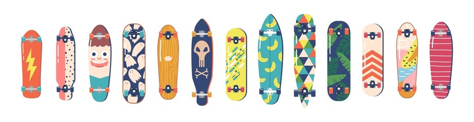 Set of Skateboards Bottom View with Wheels Isolated on White Background. Urban Culture Elements with Colorful Prints