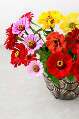 Big bouquet of colorful zinnia flowers.