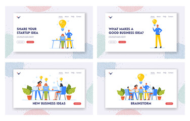 Obraz na płótnie Canvas Brainstorm Landing Page Template Set. Business Characters Work Together Developing Ideas. Businesspeople Teamwork
