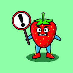 Cute cartoon mascot illustration strawberry with exclamation sign board vector image cute modern style design for t shirt, sticker, logo element