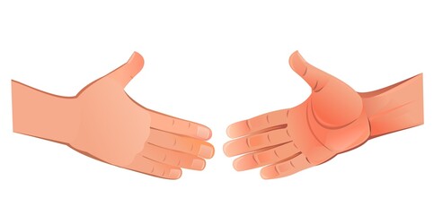 Hands reach out to each other for handshake. Object isolated on white background. Funny cartoon style. Vector