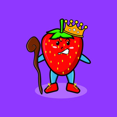 Cute cartoon strawberry mascot as wise king with golden crown and wooden stick cute modern style design for t-shirt, sticker, logo element