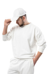 Handsome man wearing blank white cap on white background