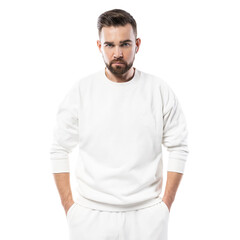 Obraz premium Handsome man wearing blank white sweatshirt on white background