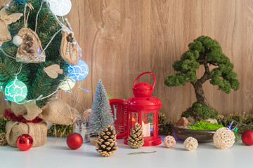 New year christmas decoration in natural light on white wooden surface in home