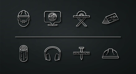 Set line Lumberjack, Wooden logs, beam, Metallic nail, Headphones, Worker safety helmet and Electric circular saw icon. Vector