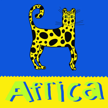 Lettering Africa with cartoon leopard image on yellow blue background