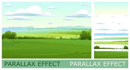 Countryside landscape with vegetable gardens and pastures. Solid layers for folding the picture with a parallax effect. Vector