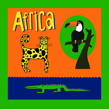 Lettering Africa with images of cartoon crocodile, leopard and toucan sitting on a tree on a blue orange background
