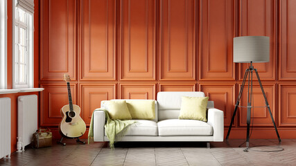 Beautiful interior of a modern room. Bright and clean design. A sofa standing by a large window against a wall background. 3D rendering