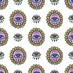 Seamless pattern Evil eye third element hand drawn.Esoteric mystic symbol,authentic icon.