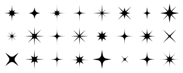 Sparkles, stars and bursts icons, twinkling stars.Vector set of different black sparkles icons on white background. Vector illustration