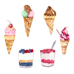 Ice cream watercolor set. Ice cream in waffle cones and glass cups with berries, syrup and chocolate. Set of sweet desserts