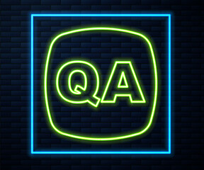 Glowing neon line Speech bubbles with Question and Answer icon isolated on brick wall background. Q and A symbol. FAQ sign. Chat speech bubble and chart. Vector