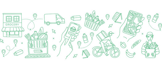 Mobile app to order grocery. Courier delivering. Seamless line pattern