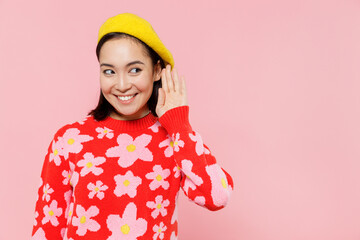 Curious nosy woman of Asian ethnicity 20s wear red knitted sweater beret try to hear you overhear...