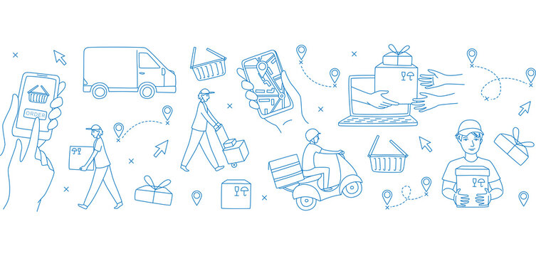 Mobile app courier delivering online shop order seamless pattern.