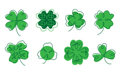 Cloverleaf vector icons set. The sign of fortune and luck for irish st patricks day celebration. One continuous line art drawing of cloverleaf symbol
