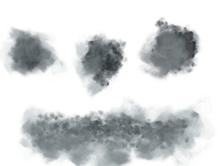 The texture of gray smoke on a white background: isolated clouds of smoke on a white background. Smoke clouds for design.