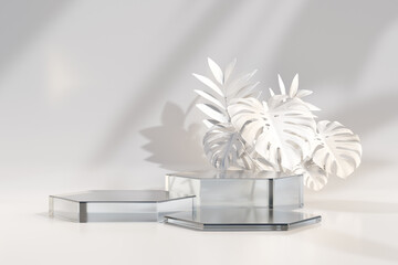 Three hexagon step clear glass podium with white leaf branch in light theme. 3D illustration rendering.