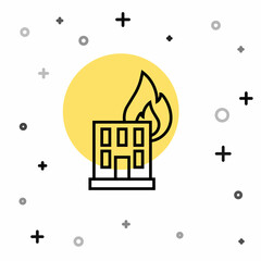 Black line Fire in burning building on city street icon isolated on white background. Destroyed city on fire. Random dynamic shapes. Vector