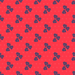 Blue line Gem stone icon isolated seamless pattern on red background. Jewelry symbol. Diamond. Vector