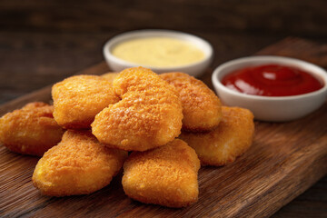 Homemade chicken nuggets and sauces on a cutting board close-up