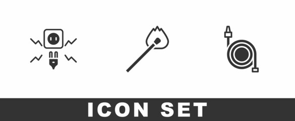 Set Electricity spark, Burning match with fire and Fire hose reel icon. Vector