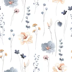 Cercles muraux Beige Motif floral harmonieux de fleurs bleues et beiges abstraites, de branches délicates et de feuilles. Impression aquarelle isolée sur fond blanc pour textile ou papiers peints.