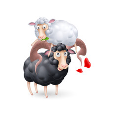 Cute and Funny Two Black and White Sheep Characters in Love. Cartoon Illustration of Pair Lovers Sheeps with Red Hearts on White Background. Perfect Template for Greeting Valentines Day Card