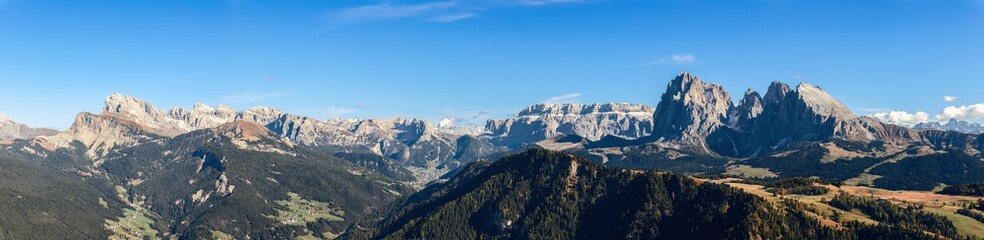 Hyper panorama of Langkofel Group mountains surrounding high Seiser Alm plateau. South Tyrol, Italy.