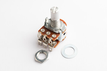Dual potentiometer electronic component on white background