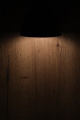 Lamp downlighting  wooden wall , dark wood background with copy space