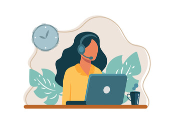 Vector illustration, customer service, hotline operator advises customer, online global technical support 24/7, customer and operator vector	